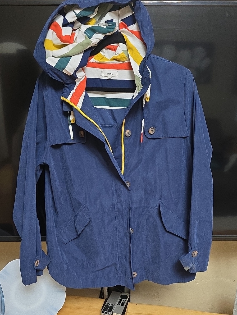 mine Navy Hooded Raincoat with Colorful Striped Lining